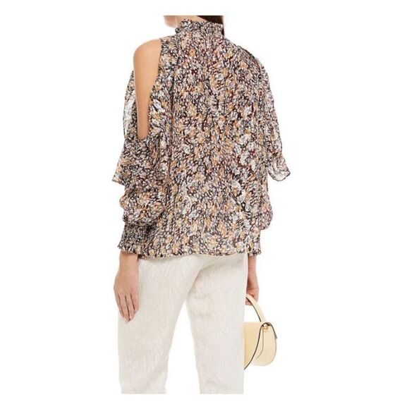 MAJE Cold-Shoulder Printed Metallic Fil Coupé Top Long Sleeve Ruffle Blouse Sz 3 - Picture 2 of 10